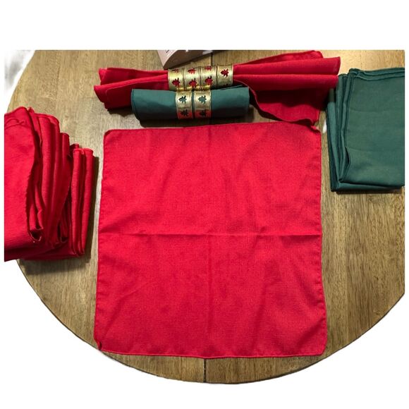 Vtg Brass Christmas Tree Cut Out Napkin Rings Holder Cloth Napkins Red Green LOT - Picture 5 of 11